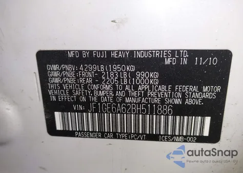 2011 Subaru Impreza 2.5I from USA, damaged, VIN JF1GE6A62BH511886